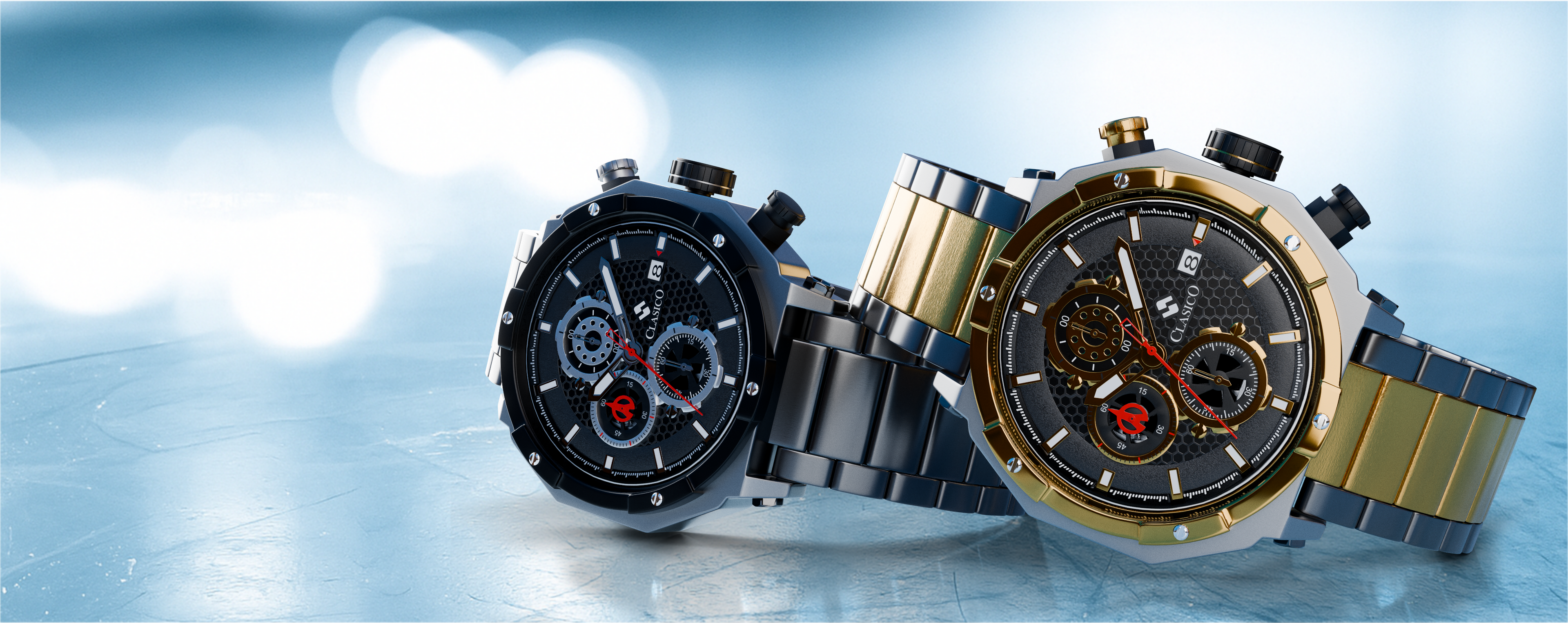 The Clasico Vortex Collection showcases premium luxury watches featuring a 42mm case, six-hand chronograph movement, and a sophisticated water-resistant design, presented in an elegant executive office setting.