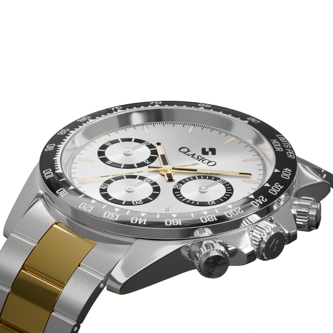 Two-tone Clasicio Midnight Axis watch from the Astronova Collection with a black outer ring and tachymeter bezel.