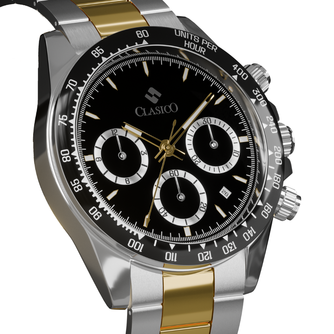 Two-tone premium stainless steel bracelet of the Midnight Steel watch in the Clasicio Astronova Collection.
