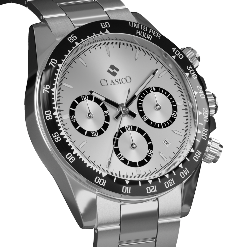 Water-proof Clasicio Arctic Royale watch showing the premium stainless steel back cover and durable three-link band.