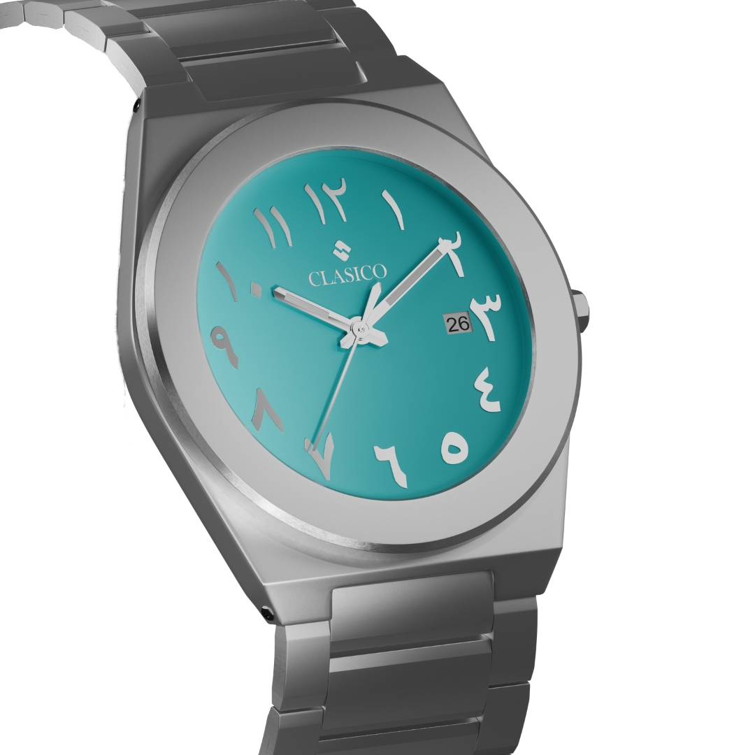 Water-proof Clasicio Fayrouz watch in premium stainless steel with a sophisticated brushed metal finish.