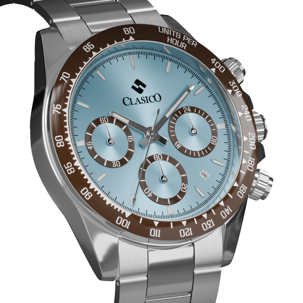 Water-proof Clasicio Frost Chrono silver watch with premium stainless steel back cover and three-link bracelet.