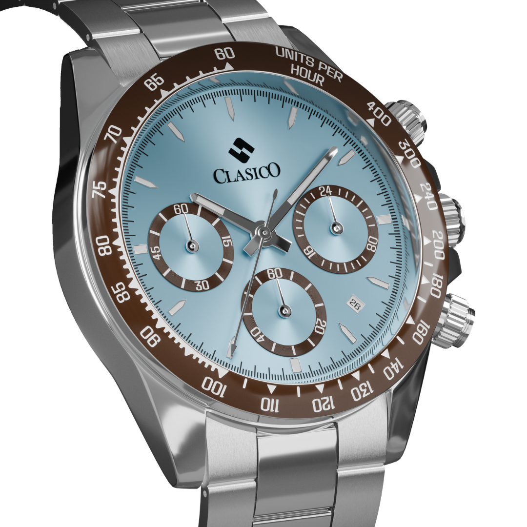 Water-proof Clasicio Frost Chrono silver watch with premium stainless steel back cover and three-link bracelet.