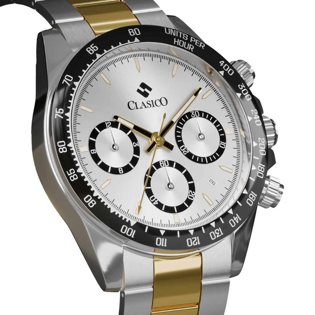 Water-proof Clasicio Midnight Axis watch showing the premium stainless steel back cover and mixed-metal bracelet.