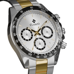 Water-proof Clasicio Midnight Axis watch showing the premium stainless steel back cover and mixed-metal bracelet.