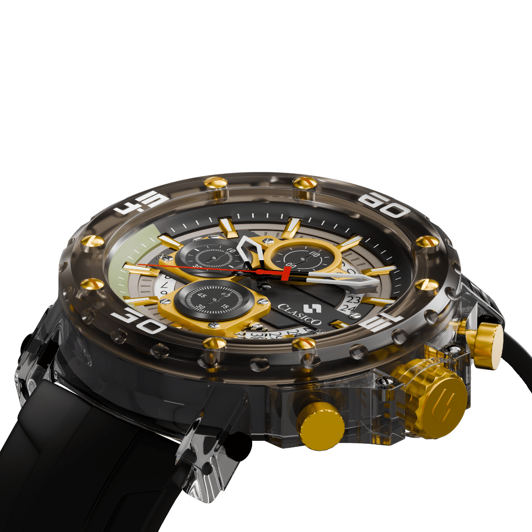 Water-resistant Clasicio Grand Prix Gold watch with a premium 22mm black strap and 12mm case thickness.