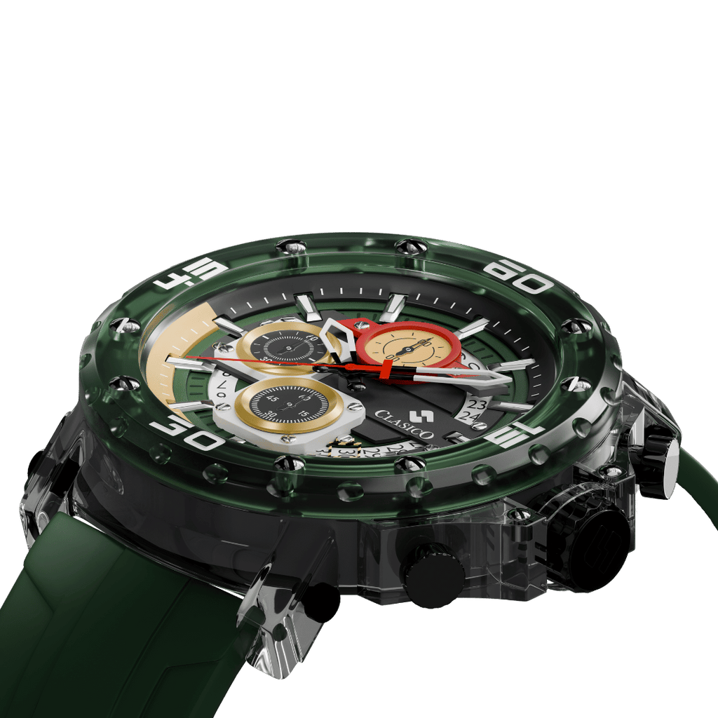 Water-resistant Clasicio Racing Verde watch with a premium 22mm black strap and 12mm case thickness.