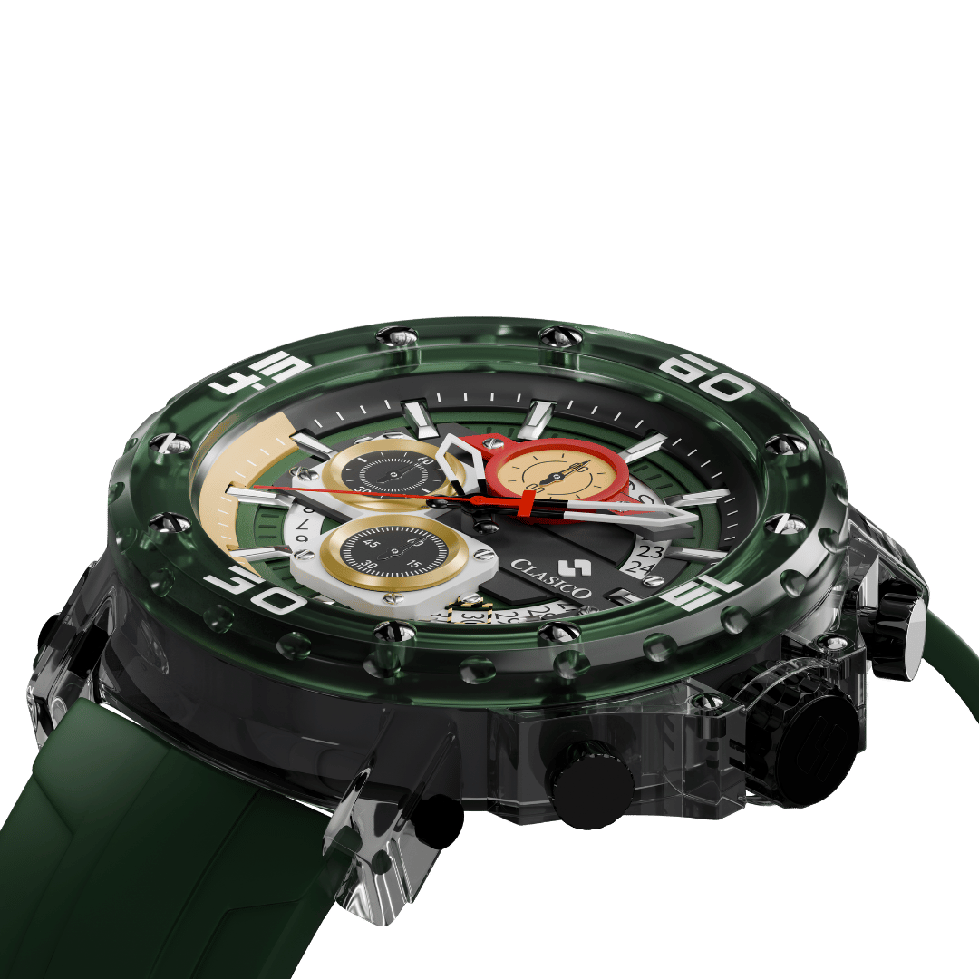 Water-resistant Clasicio Racing Verde watch with a premium 22mm black strap and 12mm case thickness.