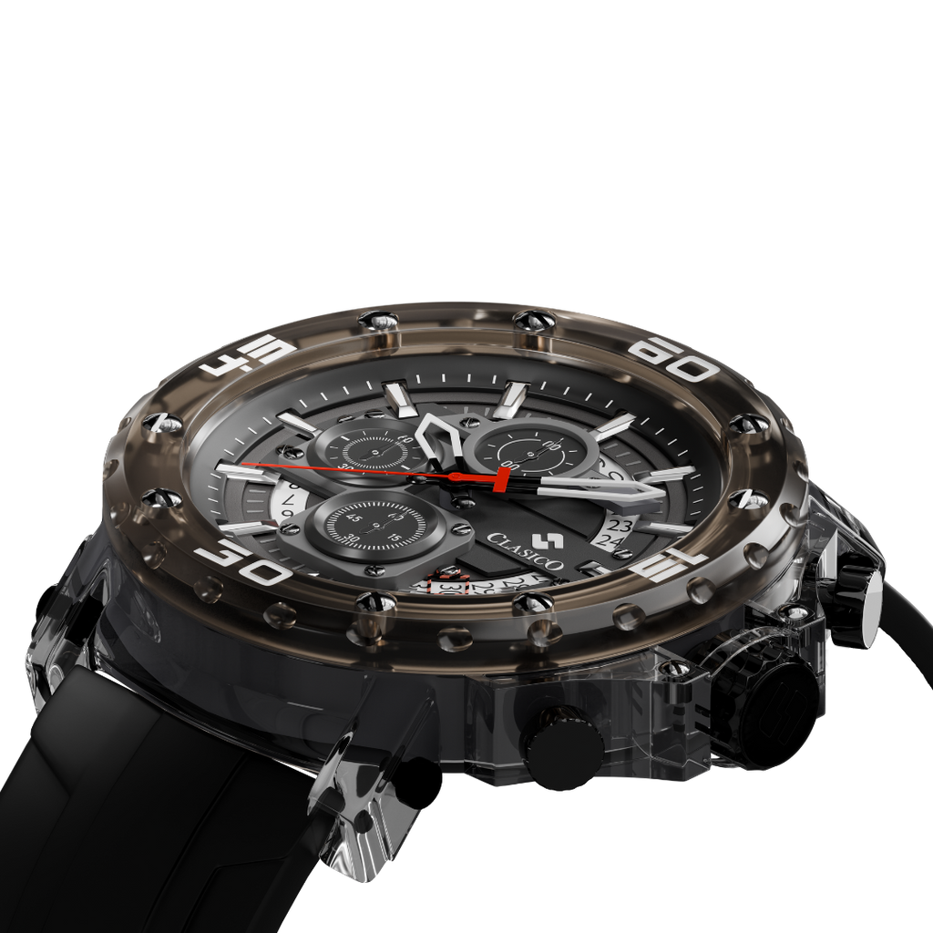 Water-resistant Clasicio Shadow Phantom watch with a premium 22mm black strap and durable 12mm case thickness.