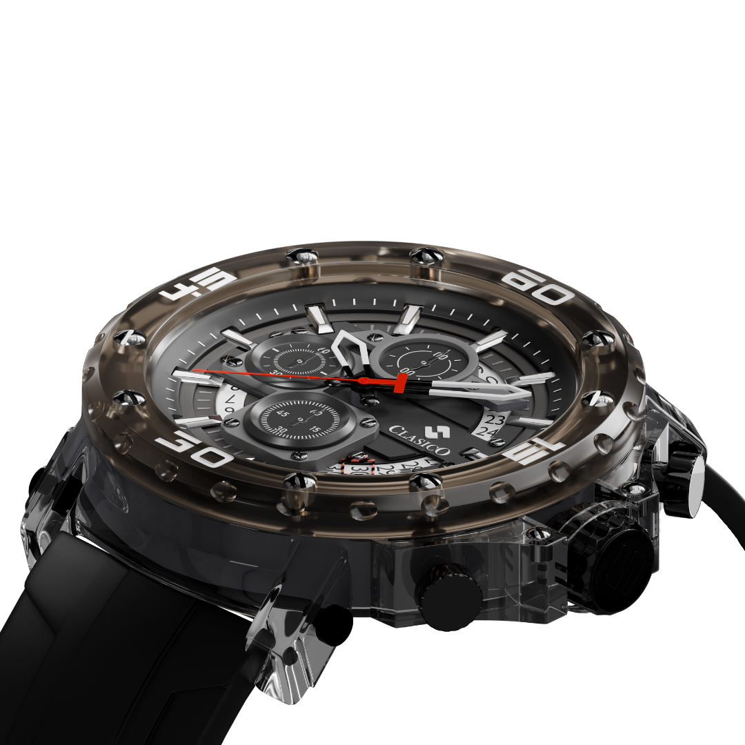 Water-resistant Clasicio Shadow Phantom watch with a premium 22mm black strap and durable 12mm case thickness.